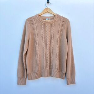 Gap Womens Large Tan Cable Knit Cotton Crewneck Sweater Long-Sleeve Pullover